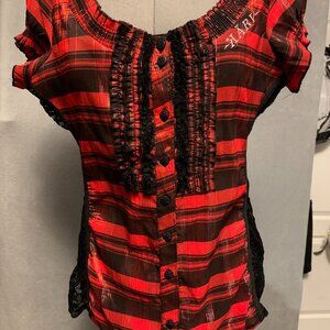 Karv Brand - Plaid red/black short sleeve top - Size M